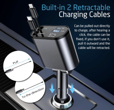 Retractable Car Charger – 4 in 1 Adapter with Voltage Display