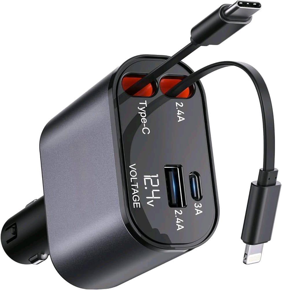 Retractable Car Charger – 4 in 1 Adapter with Voltage Display